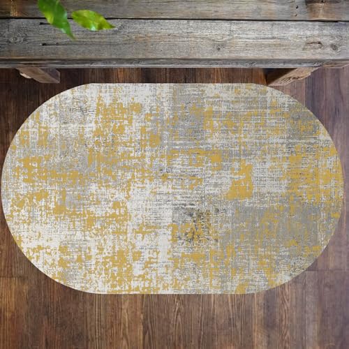 KTYUTJDH Ovaler Teppiche,Gelb Neutralfarbe Grau Weiß Abstrakt Distressed Modern, Senfgelb, Oval 80 x 140 cm Waschbar Teppich Deko für Wohnzimmer Flur Läufer Esszimmer Küchen, von KTYUTJDH