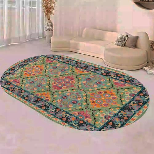 KTYUTJDH Ovaler Teppiche,Grasgrün Schwarz Rot Orange Gelb Floral Modern,Mehrfarbig,Oval 80 x 160 cm, Teppich Deko für Wohnzimmer Schlafzimmer Kommode Flur Carpet, von KTYUTJDH