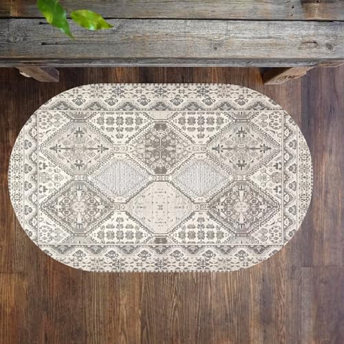 KTYUTJDH Ovaler Teppiche,Grau Beige Creme Vintage Distressed Blumendeko, Grau, Oval 200 x 300 cm Teppich Wohnzimmer großer Waschbar Anti-Rutsch Home Schlafzimmer von KTYUTJDH