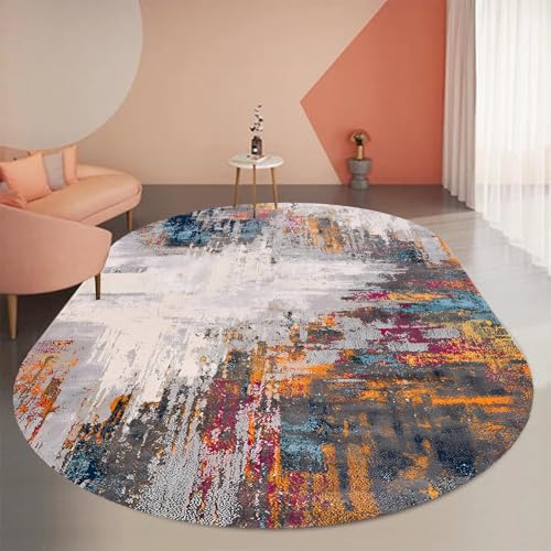 KTYUTJDH Ovaler Teppiche,Grau Beige Dunkelblau Orange Fuchsia Abstrakt Modern,Multicolor,Oval 120 x 180 cm, Kurzflor Deko Sofa Wohnzimmer Schlafzimmer kommode Flächenteppich, von KTYUTJDH