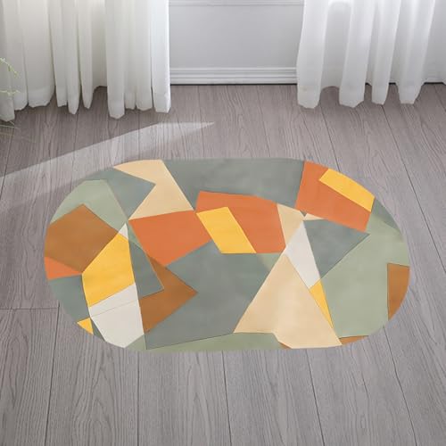 KTYUTJDH Ovaler Teppiche,Grau Grün Creme Beige Orange Gelb Geometrisch Modern,Mehrfarbig,Oval 80 x 160 cm, Teppich Deko für Wohnzimmer Schlafzimmer Kommode Flur Carpet, von KTYUTJDH
