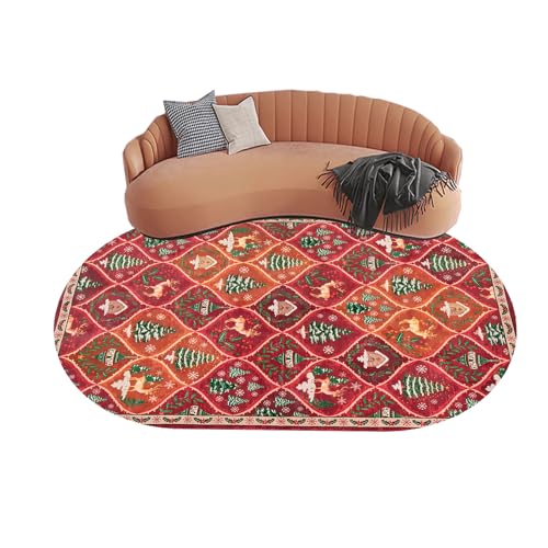 KTYUTJDH Ovaler Teppiche,Green-Tree Weiß-Schneeflocke Winter Warm Rot Orange Dekoration, Mehrfarbig, Oval 80 x 160 cm, Teppich Deko für Wohnzimmer Schlafzimmer Kommode Flur Carpet, von KTYUTJDH