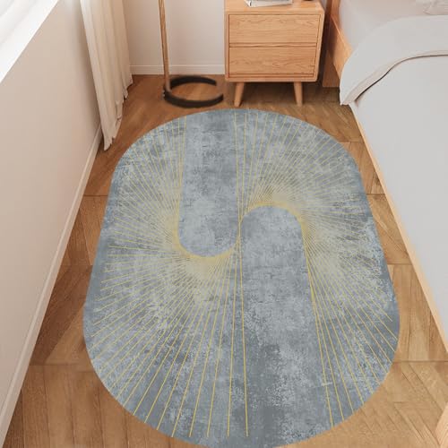 KTYUTJDH Ovaler Teppiche,Modernes hellgrau-weißes abstraktes senfgelbes geometrisches Design, grau, oval, 200 x 300 cm Teppich Wohnzimmer großer Waschbar Anti-Rutsch Home Schlafzimmer von KTYUTJDH