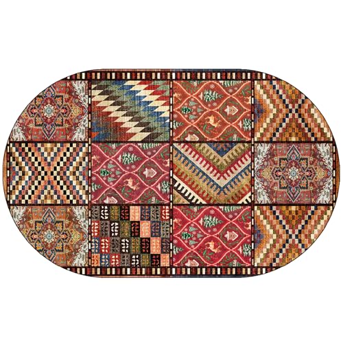 KTYUTJDH Ovaler Teppiche,Rot Orange Gelb Grün Blau Patchwork Warme Dekoration,Mehrfarbig,Oval 80 x 160 cm, Teppich Deko für Wohnzimmer Schlafzimmer Kommode Flur Carpet, von KTYUTJDH