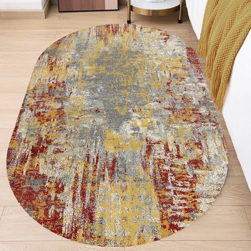 KTYUTJDH Ovaler Teppiche,Senfgelb, Grauweiß, Warmes Rot, Abstrakt Modern, Mehrfarbig, Oval 70 x 120 cm Teppich Wohnzimmer Waschbar Zimmer Deko Aesthetic Schlafzimmer, von KTYUTJDH
