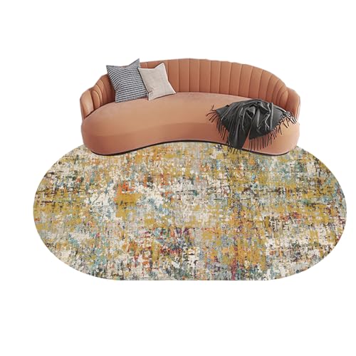 KTYUTJDH Ovaler Teppiche,Senfgelb Beige Creme Art Deco Rot Tee Blau Grün,Bunt,Oval 150 x 180 cm Teppich pflegeleicht Wohnzimmer unter Couchtisch, Esszimmer unter Tisch, von KTYUTJDH