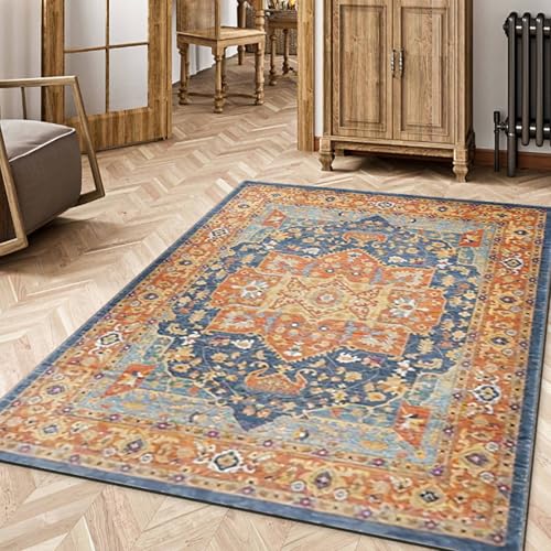 KTYUTJDH Teppiche, Blau-Orange, orientalisches Distressed-Design, Retro-Muster, Mehrfarbig, quadratisch, 200 x 200 cm, große Sideboard Wohnzimmer Waschbar Teppich Esszimmer Schlafzimmer, KTYUTJDH Teppiche, Blau-Orange, orientalisches Distressed-Design, Retro-Muster, Mehrfarbig, quadratisch, 200 x 200 cm, große Sideboard Wohnzimmer Waschbar Teppich Esszimmer Schlafzimmer, von KTYUTJDH