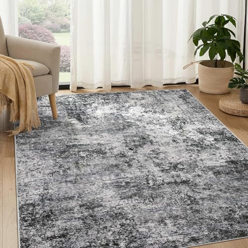 KTYUTJDH Teppiche, Schwarz-Weiß-Neutral-Modern-Abstrakt-Bauernhaus-Dekor, grau, quadratisch 200 x 200 cm, große Sideboard Wohnzimmer Waschbar Teppich Esszimmer Schlafzimmer, von KTYUTJDH