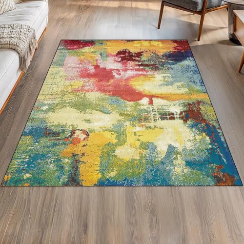 KTYUTJDH Teppiche,Aquarell Art Deco Rot Gelb Blau Grün Abstrakt,Mehrfarbig,Rechteckig 150 x 240 cm, Teppich Wohnzimmer Schlafzimmer Jugendzimmer Unter Esstisch von KTYUTJDH