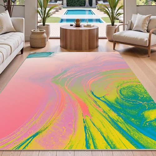 KTYUTJDH Teppiche,Art Deco Türkis Blau Blaugrün Grün Gelb Rosa,Aquarell,Rechteckig 90 x 150 cm, Teppich Unter Schreibtisch, Schreibtischstuhl, Wohnzimmertisch, Couchtisch von KTYUTJDH