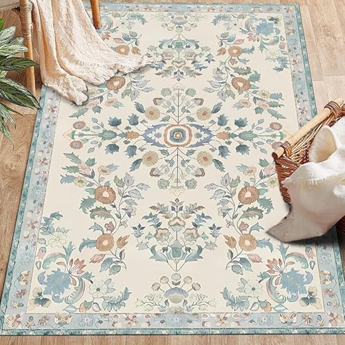 KTYUTJDH Teppiche,Beige, Blaugrün, Blaugrün, Blumen, modernes Design, Mehrfarbig, rechteckig, 120 x 200 cm Teppich pflegeleicht Deko Wohnzimmer unter Couchtisch, Esszimmer Tisch, von KTYUTJDH