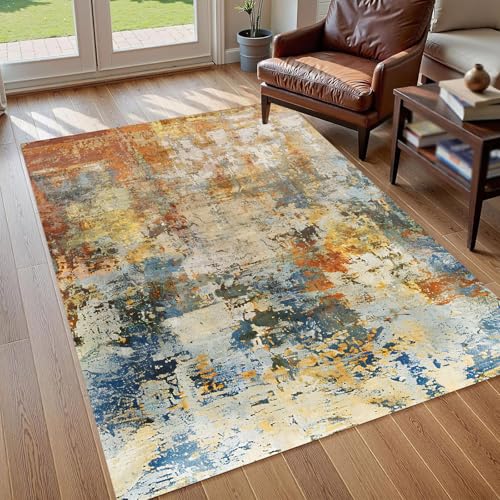 KTYUTJDH Teppiche,Blau Gelb Rot Orange Abstrakt Modern, Mehrfarbig, Rechteckig 120 x 200 cm Teppich pflegeleicht Deko Wohnzimmer unter Couchtisch, Esszimmer Tisch, von KTYUTJDH