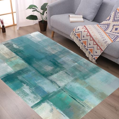 KTYUTJDH Teppiche,Blau Grün Grau Weiß Abstrakt Modernes Dekor,Blaugrün,Rechteckig 90 x 150 cm, Teppich Unter Schreibtisch, Schreibtischstuhl, Wohnzimmertisch, Couchtisch von KTYUTJDH