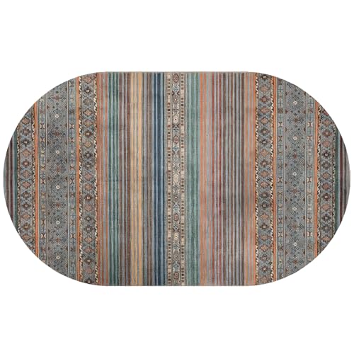 KTYUTJDH Teppiche,Blau Grün Rot Orange Braun Grau Streifen Vintage, Mehrfarbig, Oval 200 x 300 cm, Teppich Wohnzimmer großer Waschbar Anti-Rutsch Home Schlafzimmer von KTYUTJDH
