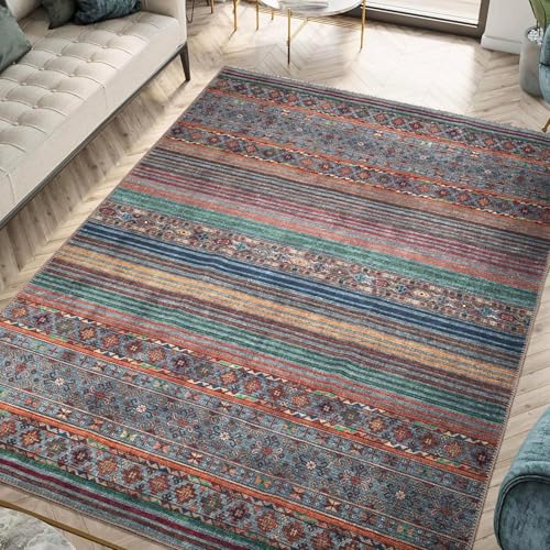 KTYUTJDH Teppiche,Blau Grün Rot Orange Braun Grau Streifen Vintage, Mehrfarbig, Rechteckig 110 x 160 cm, Kurzflor Waschbarer Teppich Schlafzimmer Bett Bettvorlegern Läufer, KTYUTJDH Teppiche,Blau Grün Rot Orange Braun Grau Streifen Vintage, Mehrfarbig, Rechteckig 110 x 160 cm, Kurzflor Waschbarer Teppich Schlafzimmer Bett Bettvorlegern Läufer, von KTYUTJDH