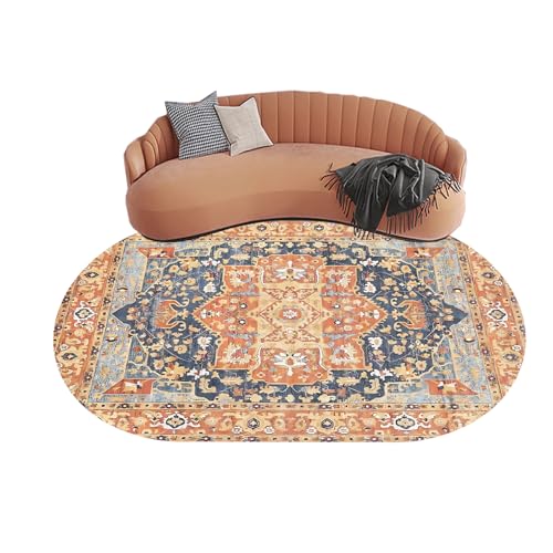 KTYUTJDH Teppiche,Blau-Orange, orientalisches Distressed-Design, Retro-Muster, Mehrfarbig, oval, 80 x 160 cm, Teppich Deko für Wohnzimmer Schlafzimmer Kommode Flur Carpet, von KTYUTJDH