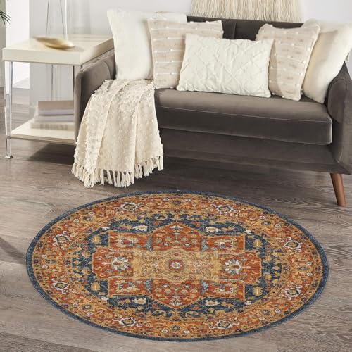 KTYUTJDH Teppiche,Blau-Orange, orientalisches Distressed-Design, Retro-Muster, Mehrfarbig, rund, ø 120 cm, Teppich Wohnzimmer Schlafzimmer Büro Schreibtisch und Stuhl, KTYUTJDH Teppiche,Blau-Orange, orientalisches Distressed-Design, Retro-Muster, Mehrfarbig, rund, ø 120 cm, Teppich Wohnzimmer Schlafzimmer Büro Schreibtisch und Stuhl, von KTYUTJDH