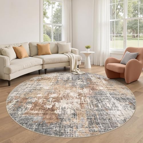 KTYUTJDH Teppiche,Braun Creme Weiß Abstrakt Modernes Design,Grau,Rund ø 150 cm, Teppich für Runder Esstisch Wohnzimmer Schlafzimmer Outdoor küche Deko, von KTYUTJDH