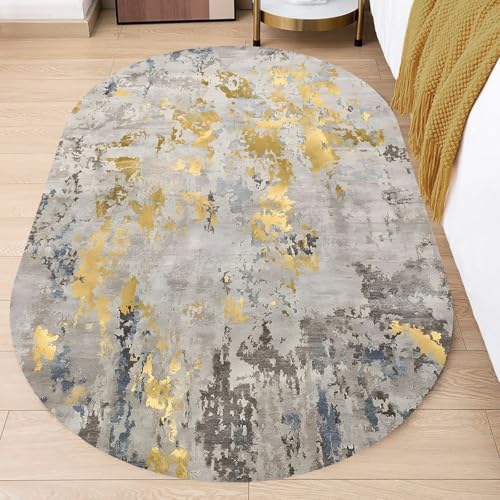 KTYUTJDH Teppiche,Gelb Modern Abstrakt Braun Blau Taupe,Senf,Oval 80 x 160 cm, Teppich Deko für Wohnzimmer Schlafzimmer Kommode Flur Carpet, von KTYUTJDH