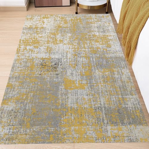 KTYUTJDH Teppiche,Gelb Neutralfarbe Grau Weiß Abstrakt Distressed Modern, Senfgelb, Rechteckig 70 x 140 cm Teppich Läufer Flur Modern Kurzflor Weich Flurteppich Waschbarer von KTYUTJDH