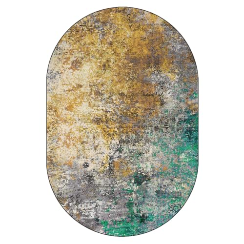 KTYUTJDH Teppiche,Grau Beige Gelb Art Deco Braun Smaragdgrün Abstrakt Modern,Bunt,Oval 180 x 200 cm, Teppich Groß Kurzflor Waschbar für Wohnzimmer Schlafzimmer Esszimmer, von KTYUTJDH