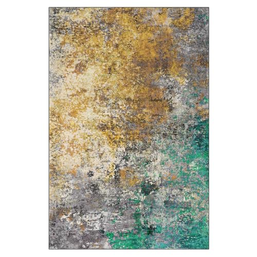 KTYUTJDH Teppiche,Grau Beige Gelb Art Deco Braun Smaragdgrün Abstrakt Modern,Bunt,Rechteckig 100 x 150 cm,Teppich Unter Schreibtisch, Schreibtischstuhl, Wohnzimmertisch, Couchtisch von KTYUTJDH