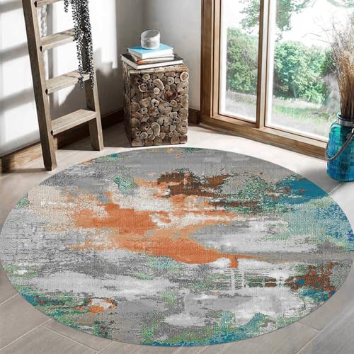 KTYUTJDH Teppiche,Grau Blaugrün Blau Grün Orange Abstraktes Dekor Modern,Mehrfarbig,Rund ø 120 cm, Runder Teppich Wohnzimmer Schlafzimmer Büro Schreibtisch und Stuhl, von KTYUTJDH