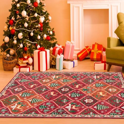 KTYUTJDH Teppiche,Green-Tree Weiß-Schneeflocke Winter Warm Rot Orange Dekoration, Mehrfarbig, Rechteckig 90 x 150 cm, Teppich Unter Schreibtisch, Schreibtischstuhl, Wohnzimmertisch, Couchtisch von KTYUTJDH