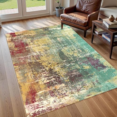 KTYUTJDH Teppiche,Grün Gelb Rot Braun Abstrakt Modern,Bunt,Quadratisch 170 x 170 cm Wohnzimmer Sofa Büro Haus Dekoration Esszimmer Schlafzimmer Deko, von KTYUTJDH