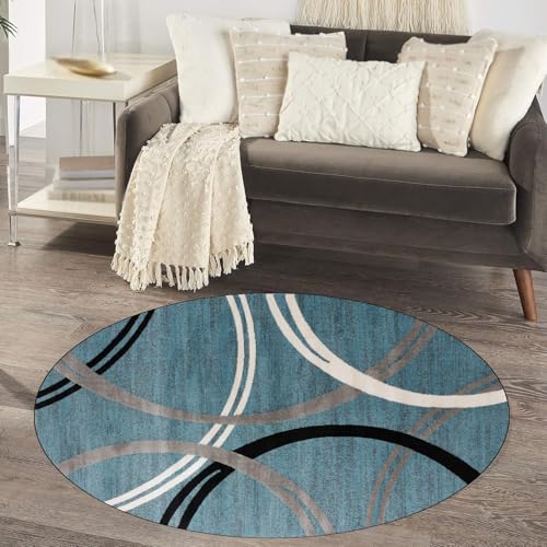 KTYUTJDH Teppiche,Modernes Kreisdesign Schwarz Grau Weiß, Blau, Rund ø 150 cm, Teppich für Runder Esstisch Wohnzimmer Schlafzimmer Outdoor küche Deko, von KTYUTJDH
