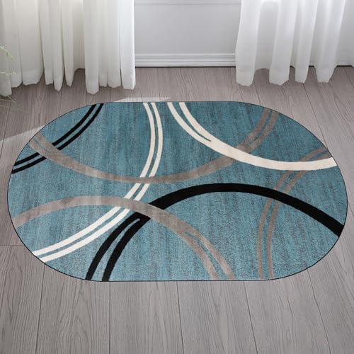 KTYUTJDH Teppiche,Modernes Kreise-Design Schwarz Grau Weiß, Blau, Oval 120 x 200 cm, Kurzflor Deko Sofa Wohnzimmer Schlafzimmer kommode Flächenteppich, von KTYUTJDH