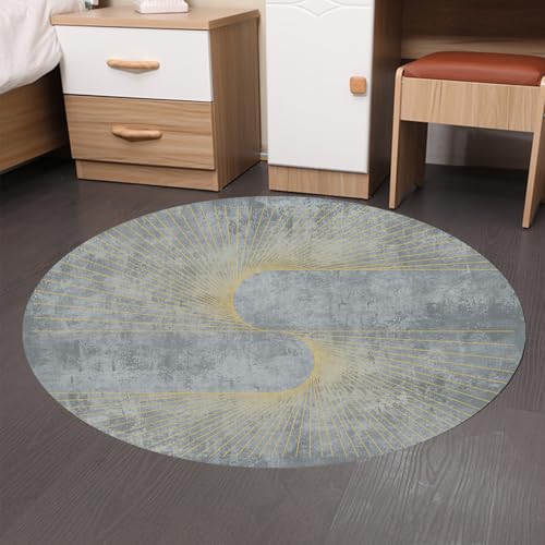 KTYUTJDH Teppiche,Modernes hellgrau-weißes abstraktes senfgelbes geometrisches Design, Grau, Rund ø 120 cm, Runder Teppich Wohnzimmer Schlafzimmer Büro Schreibtisch und Stuhl, von KTYUTJDH