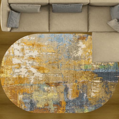 KTYUTJDH Teppiche,Orange Abstrakt Gelb Blau Grün Creme Modern, Mehrfarbig, Oval 120 x 200 cm, Kurzflor Deko Sofa Wohnzimmer Schlafzimmer kommode Flächenteppich, von KTYUTJDH