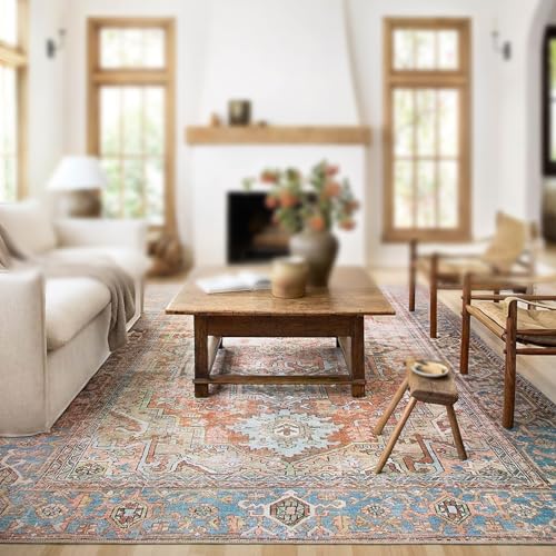 KTYUTJDH Teppiche,Orange Vintage Blau Creme Grau Shabby Chic Blumenmuster, Terrakotta, Rechteckig 120 x 150 cm,Kurzflor Waschbare Teppich für Wohnzimmer, Designer Schlafzimmerteppich von KTYUTJDH
