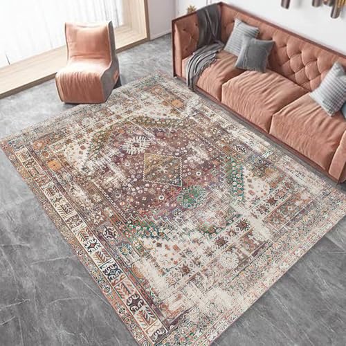 KTYUTJDH Teppiche,Rot Braun Creme Vintage Orange Grün Floral, Mehrfarbig, Rechteckig 140 x 160 cm,Kurzflor Teppich Deko Sofa Wohnzimmer, unter Esszimmer Esstisch, von KTYUTJDH