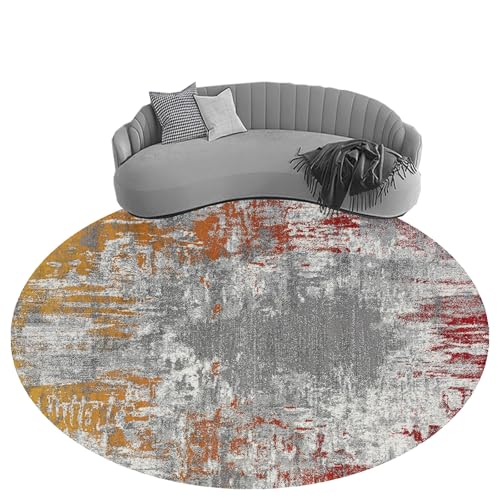 KTYUTJDH Teppiche,Rot Orange Gelb Grau Weiß Abstraktes Design Modern,Mehrfarbig,Rund ø 200 cm, große Waschbar Runder Teppich Wohnzimmer Esszimmer Schlafzimmer, von KTYUTJDH