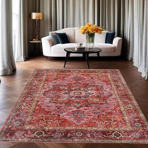 KTYUTJDH Teppiche,Rot Vintage Orange Grün Braun Pink Dekor Mehrfarbig,Rot,Rechteckig 110 x 160 cm, Kurzflor Waschbarer Teppich für Schlafzimmer Bett Bettvorlegern Läufer, von KTYUTJDH