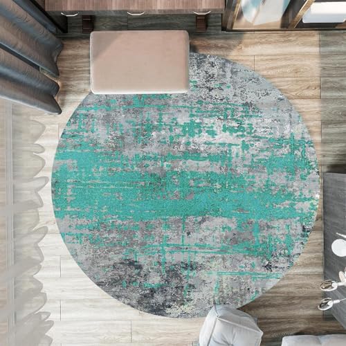 KTYUTJDH Teppiche,Schwarz Grau Weiß Abstrakt Modern,Grün,Rund ø 120 cm, Runder Teppich Wohnzimmer Schlafzimmer Büro Schreibtisch und Stuhl, von KTYUTJDH