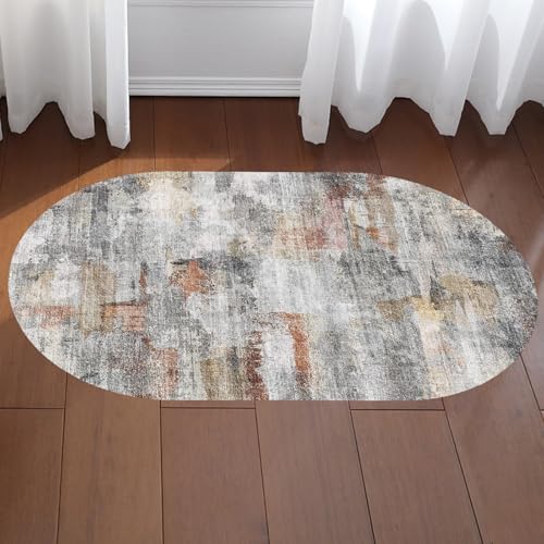 KTYUTJDH Teppiche,Schwarz Grau Weiß Rot Gelb Abstrakt Modern,Multi-Rost,Oval 80 x 150 cm, Teppich Läufer Flur Küche Modern Kurzflor Weich Waschbarer Küchenteppich, von KTYUTJDH