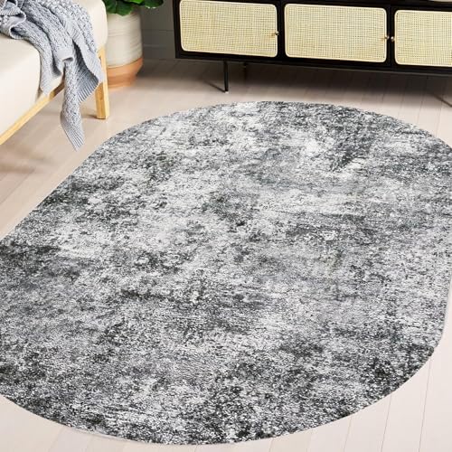 KTYUTJDH Teppiche,Schwarz-Weiß-Neutral-Modern-Abstrakt-Bauernhaus-Dekor, grau, oval, 80 x 160 cm, Teppich Deko für Wohnzimmer Schlafzimmer Kommode Flur Carpet, von KTYUTJDH