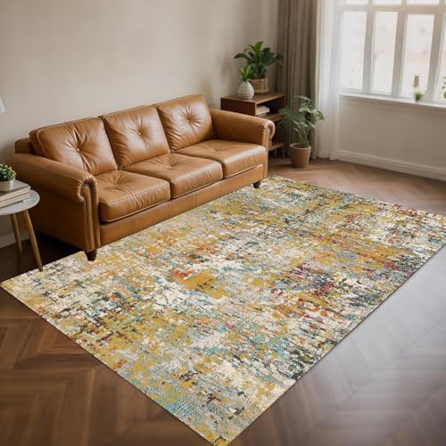 KTYUTJDH Teppiche,Senfgelb Beige Creme Art Deco Rot Tee Blau Grün, Bunt, Rechteckig 200 x 280 cm Groß Teppich für Schlafzimmer Wohnzimmerteppich Waschbar Rutschfester von KTYUTJDH