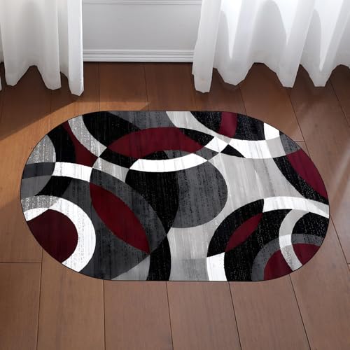 KTYUTJDH Teppiche,Zeitgenössisch abstrakt Kreis Grau Weiß Rot, Schwarz, Oval 80 x 160 cm, Teppich Deko für Wohnzimmer Schlafzimmer Kommode Flur Carpet, von KTYUTJDH