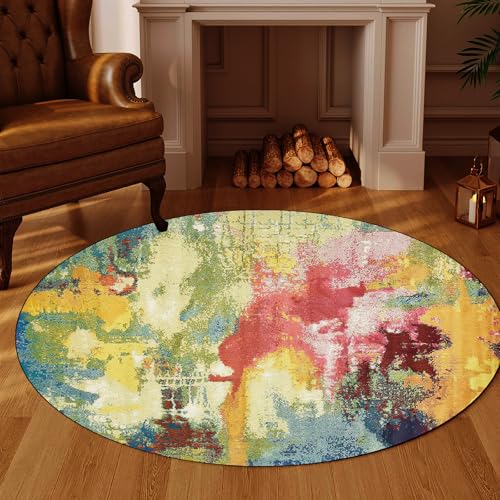 KTYUTJDH Teppiche Runder,Aquarell Art Deco Rot Gelb Blau Grün Abstrakt,Multicolor,Rund ø 120 cm, Teppich Wohnzimmer Schlafzimmer Büro Schreibtisch und Stuhl, von KTYUTJDH
