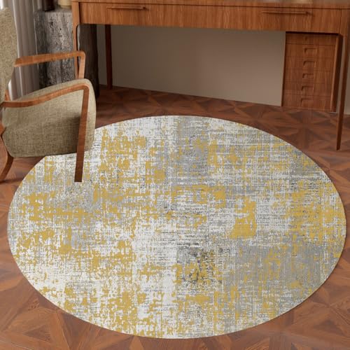 KTYUTJDH Teppiche Runder,Gelb Neutralfarbe Grau Weiß Abstrakt Distressed Modern, Senfgelb, Rund ø 120 cm Teppich Wohnzimmer Schlafzimmer Büro Schreibtisch und Stuhl, von KTYUTJDH