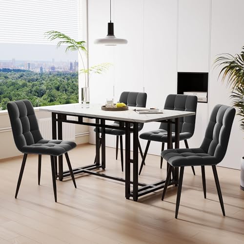 120x70cm Esstisch mit 4 Stühlen Set,Moderne Küche Esstisch Set, Schwarz Eisen Beintisch (Dunkelgrau Esszimmerstühl) von KUAKE