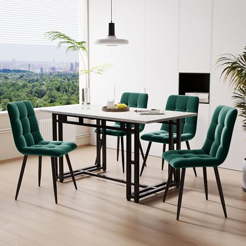 120x70cm Esstisch mit 4 Stühlen Set,Moderne Küche Esstisch Set, Schwarz Eisen Beintisch (Dunkelgrüner Esszimmerstühl) von KUAKE