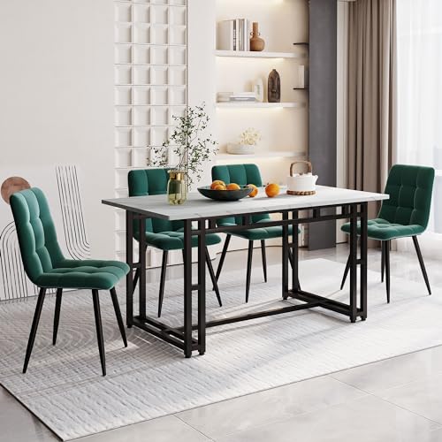 140x80cm Esstisch mit 4 Stühlen Set,Moderne Küche Esstisch Set, Schwarz Eisen Beintisch (Dunkelgrüner Esszimmerstuhl) von KUAKE