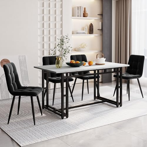 140x80cm Esstisch mit 4 Stühlen Set,Moderne Küche Esstisch Set, Schwarz Eisen Beintisch (Schwarzer Esszimmerstuhl) von KUAKE
