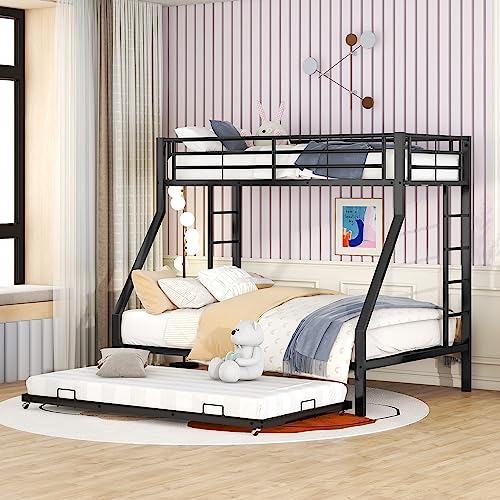 Etagenbett, Metallbett mit ausziehbarem Bett,mit Leiter auf beiden Seiten für Kinder, Jugendliche, Erwachsene, 90(140) x200cm, (schwarz) von KUAKE