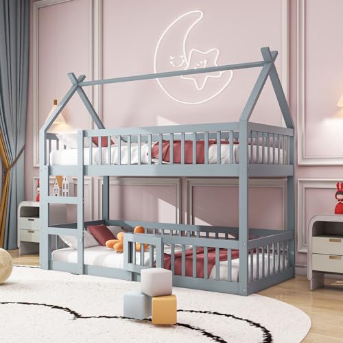Etagenbett 90x200, Kinderbett Hochbett für 2 Kinder, Hausbett mit Treppe und Tür, Kinderhochbett mit Rausfallschutz und Lattenrost, Bettgestell Stockbett Familienbett Loft Bett(Grau, 90×200cm) von KUAKE